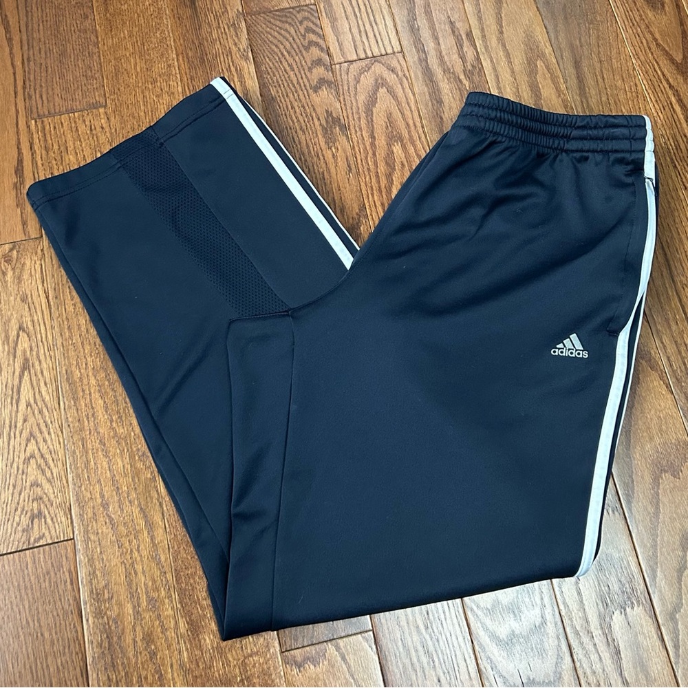Adidas Clima365 Navy athletic track pants with white 3-stripes and mesh inserts